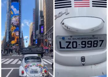 Fusca de Balneário Camboriú circula pela Times Square, em Nova York; ele já passou por 16 países