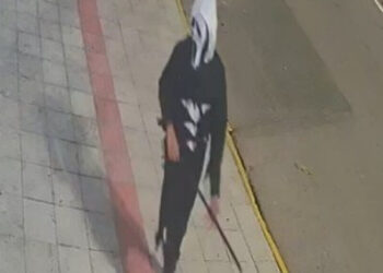 Mascarado vestido de preto ronda escola com uma foice na mão