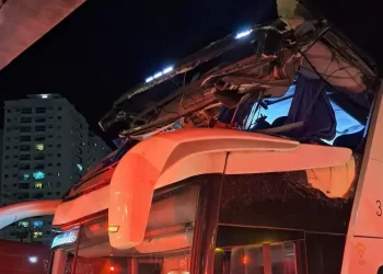 Acidente em SC: Ônibus colide com viaduto e mulher é arremessada para fora do veículo