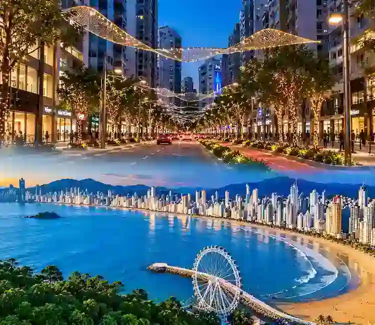 Avenida Brasil, em Balneário Camboriú, cercada por edifícios e estabelecimentos comerciais.
