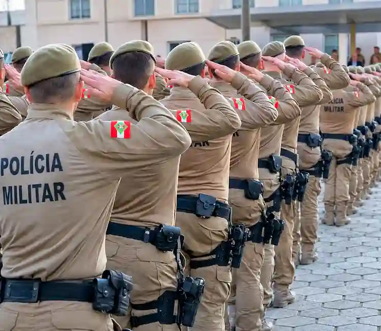 Policiais militares de Santa Catarina perfilados e prestando continência durante cerimônia de formatura, em imagem relacionada ao anúncio de novo concurso da PM-SC com mil vagas.